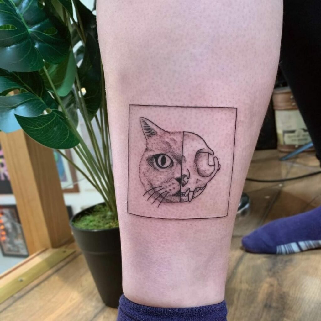 11+ Illustrative Tattoo Ideas You Have To See To Believe! 20 Half Cat Face Half Cat Skull Tattoo