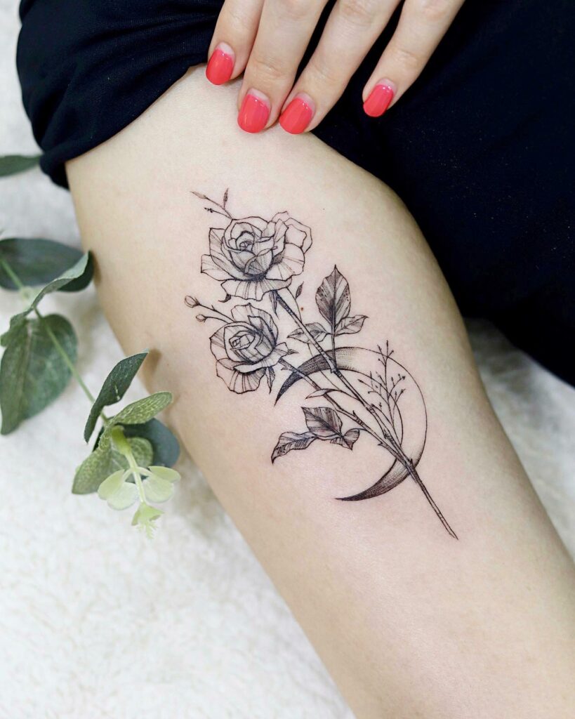 10+ Moon Flower Tattoo Ideas That Will Blow Your Mind! 17 Half Moon With Two Roses