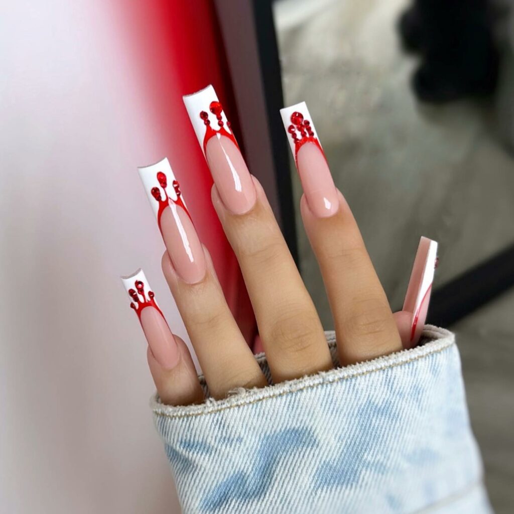 29 Latest Long Square Acrylic Nail Designs To Try In 2024! 16 White French Square Acrylics with Eerie Blood Drips
