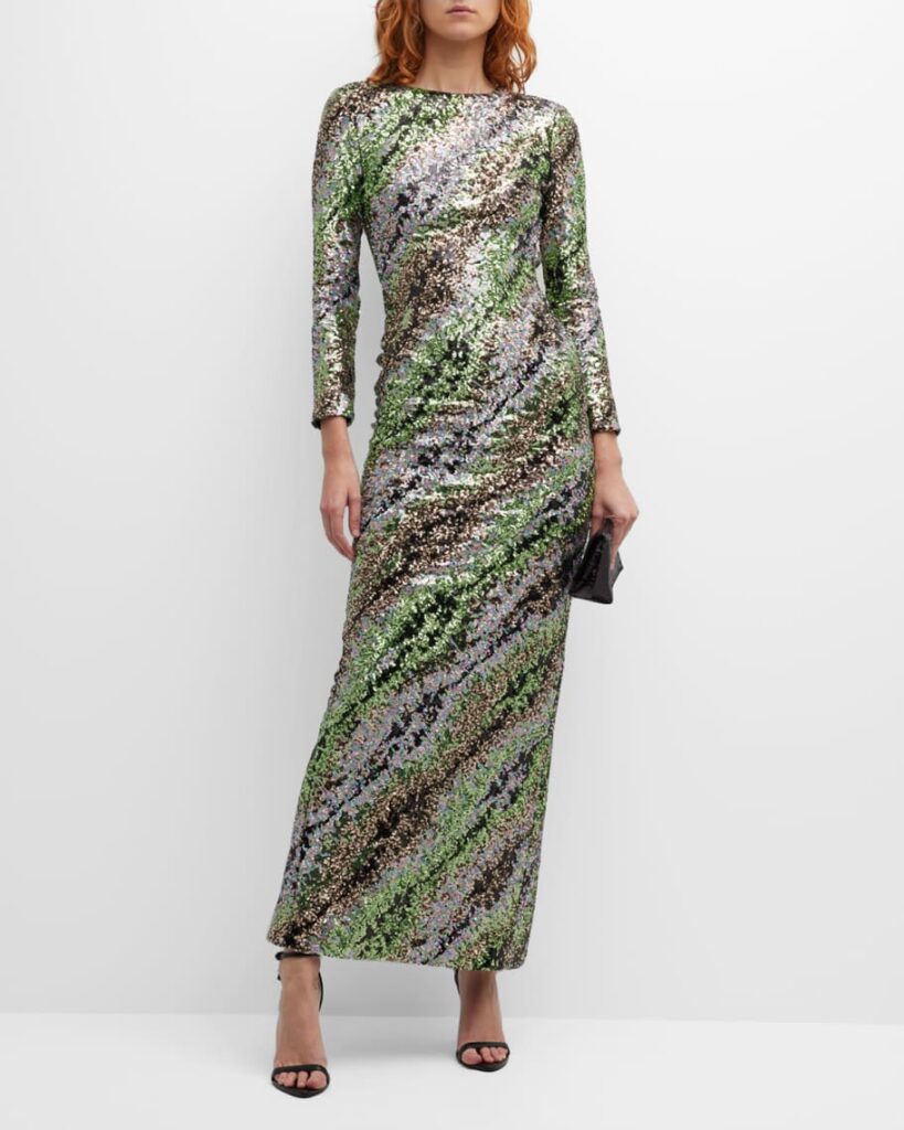 Halpern Open-Back Diagonal Sequin Column Gown