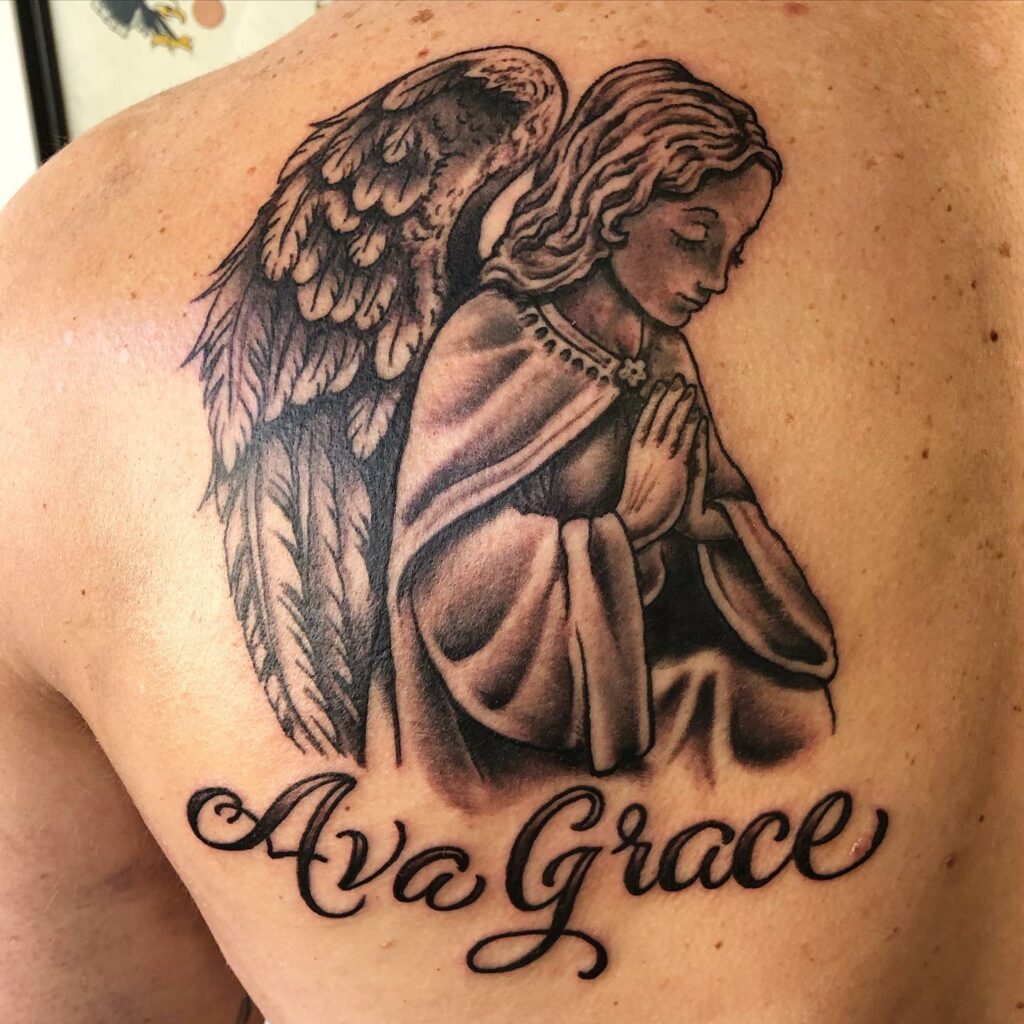 10+ Female Guardian Angel Tattoo Ideas That Will Blow Your Mind! 12 Head Tucked Folded Hands Guardian Angel Tattoos
