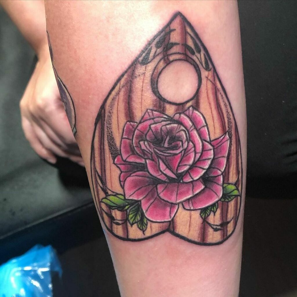 11+ Planchette Tattoo Ideas You Have To See To Believe! 19 Heart Planchette Tattoo With Rose