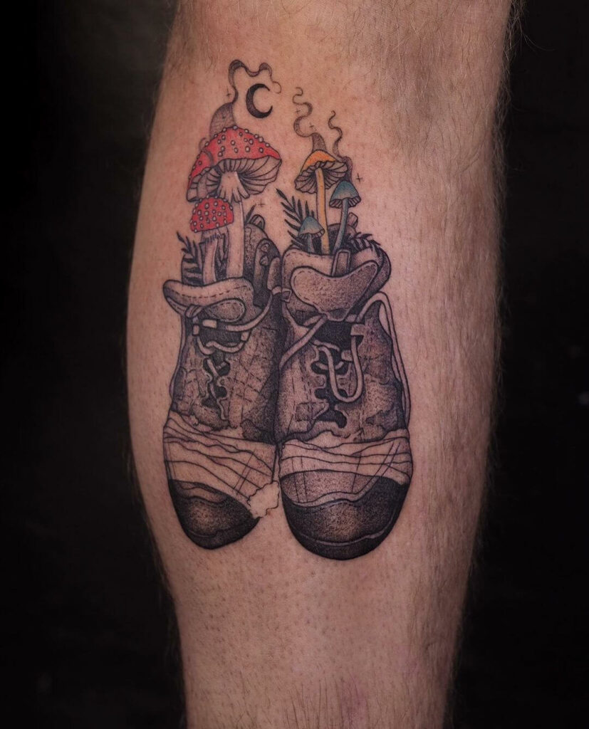 12+ Hiker Tattoo Ideas To Inspire You! 14 Hiking Shoes With Mushrooms Tattoo
