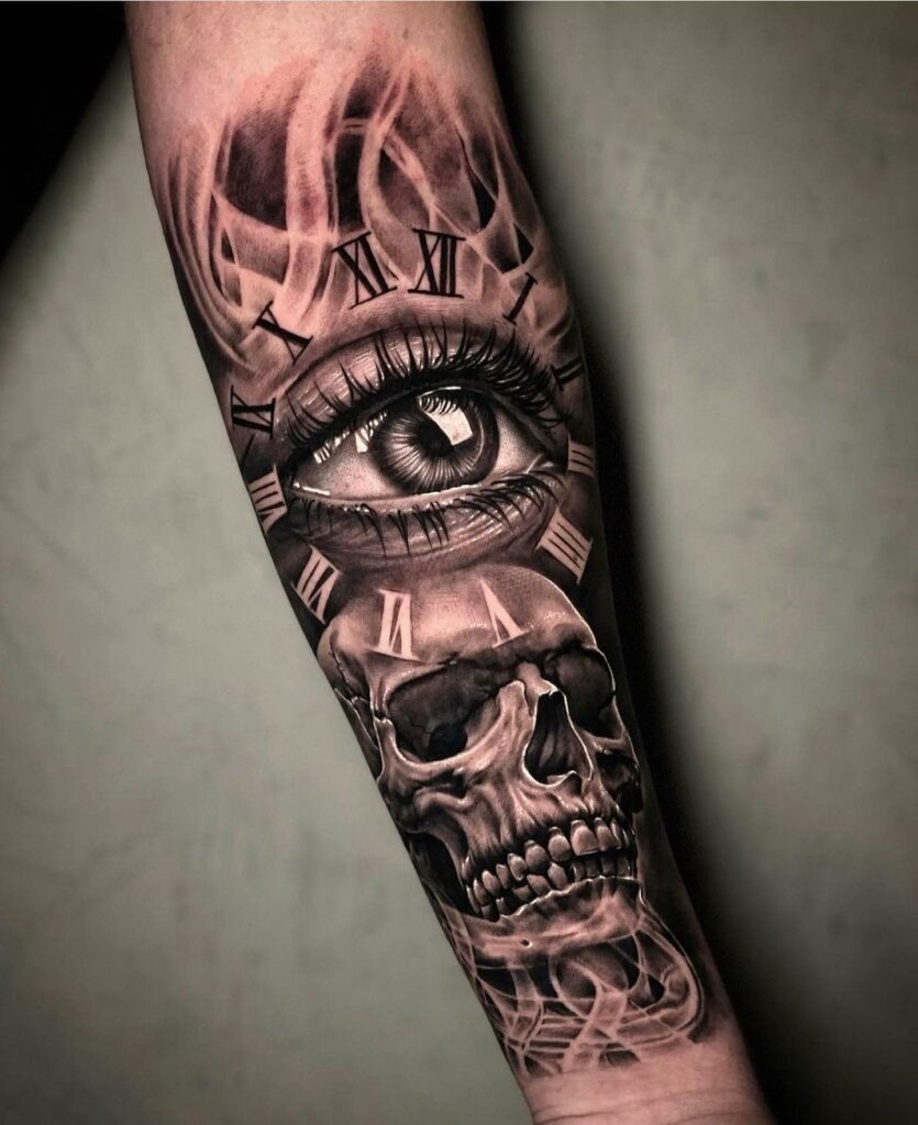 10+ Forearm Skull Tattoo Designs Which Will Blow Your Mind! 14 Incredible Skull And Clock Tattoo Design