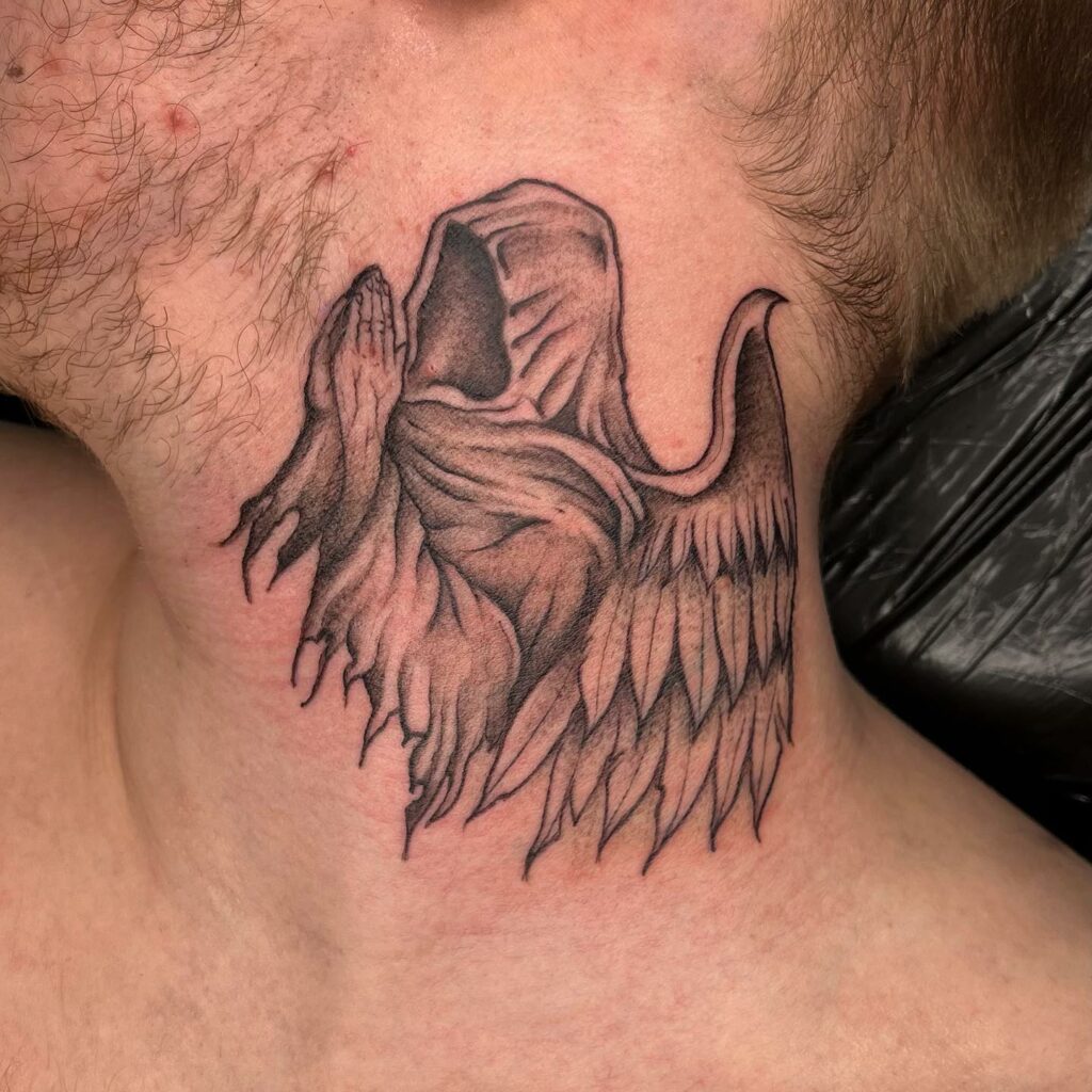 10+ Angel Neck Tattoo Ideas That Will Blow Your Mind! 14 Intimidating Death Tattoo Designs