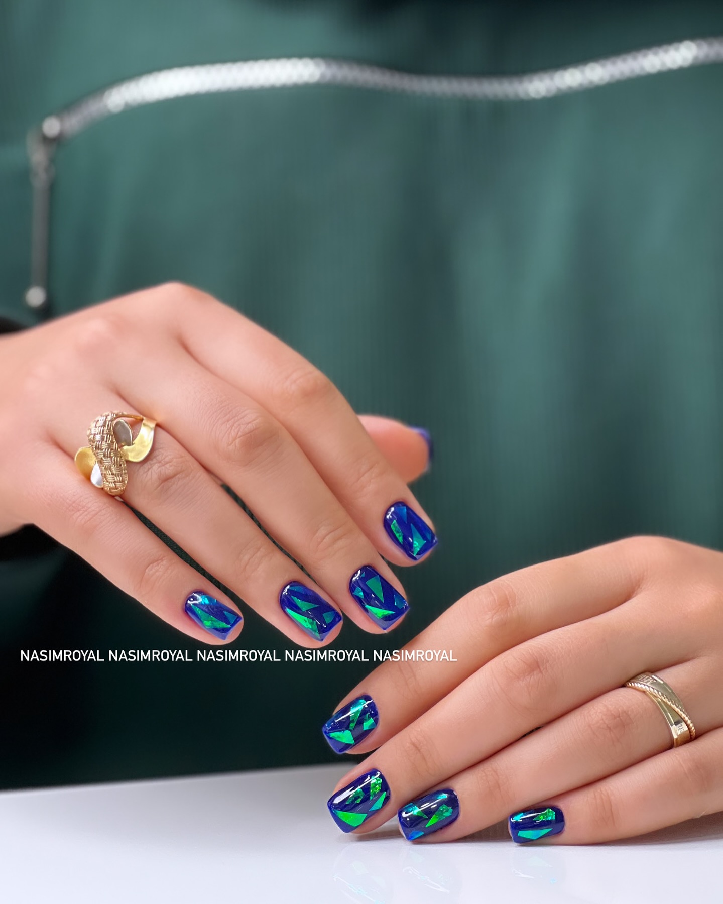 20 Latest Green Nail Designs To Try Today ✨ 30 Iridescent Blue-Green Geometric Almond Nails