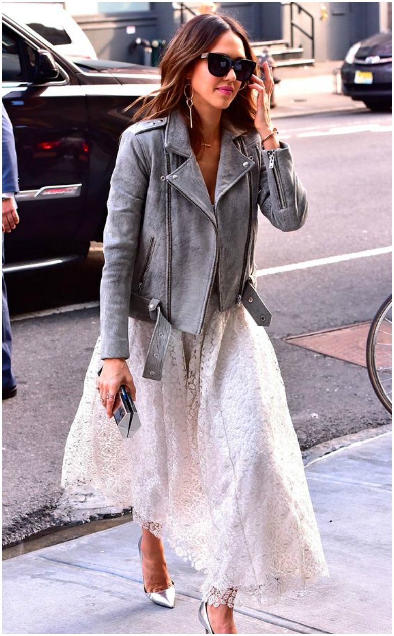 How to Wear a Leather Jacket All Year Round 33 Jessica Alba grey leather jacket pink lace midi skirt metallic heels