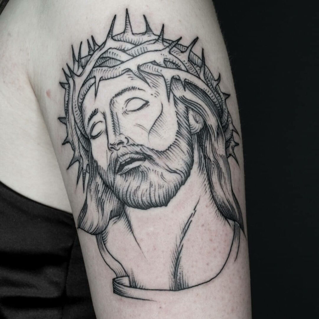 12+ Christian Half Sleeve Tattoo Ideas To Inspire You! 13 Jesus With The Crown Of Thorns Tattoo
