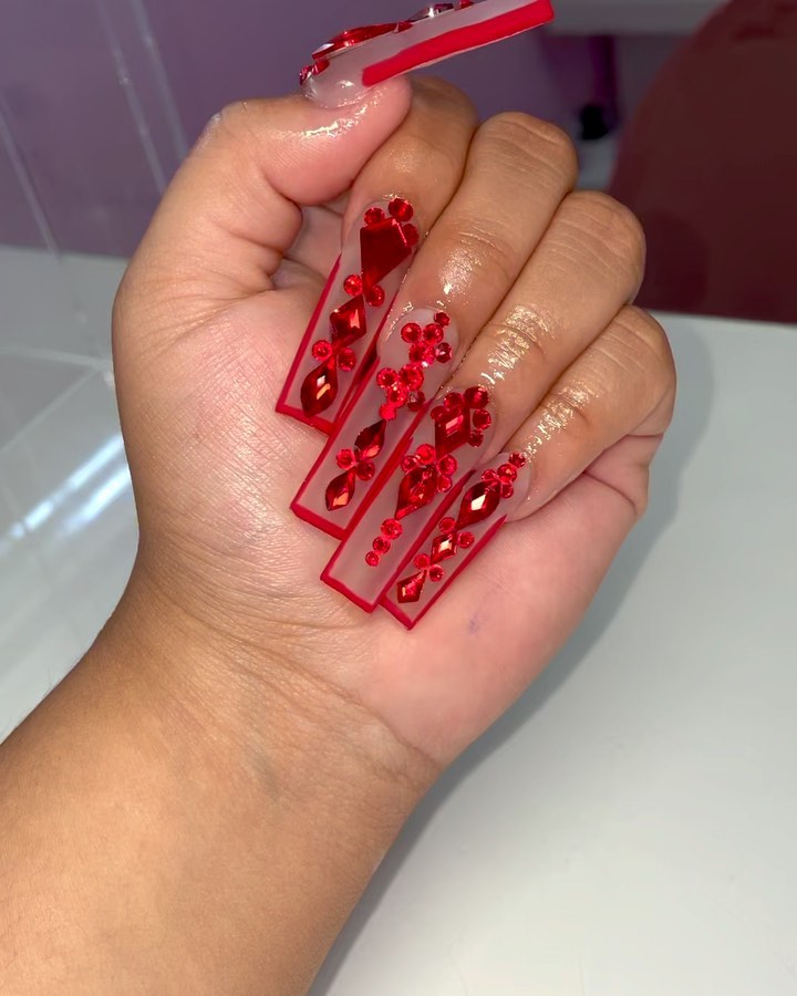 Explore 34 Red Acrylic Nail Designs To Try in 2024 34 Jewel-Encrusted Transparent Tips