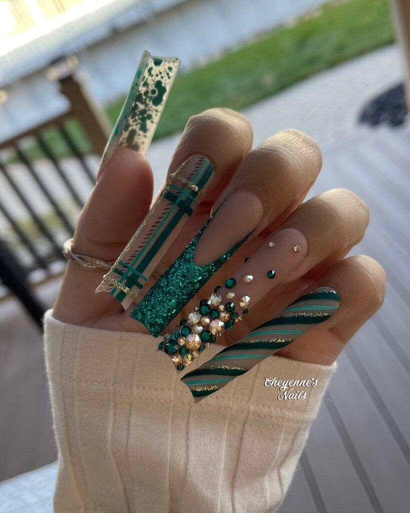 Get Festive with 25 Green Christmas Nail Ideas in 2024 11 Jewel-Toned Acrylic Green Christmas Nails