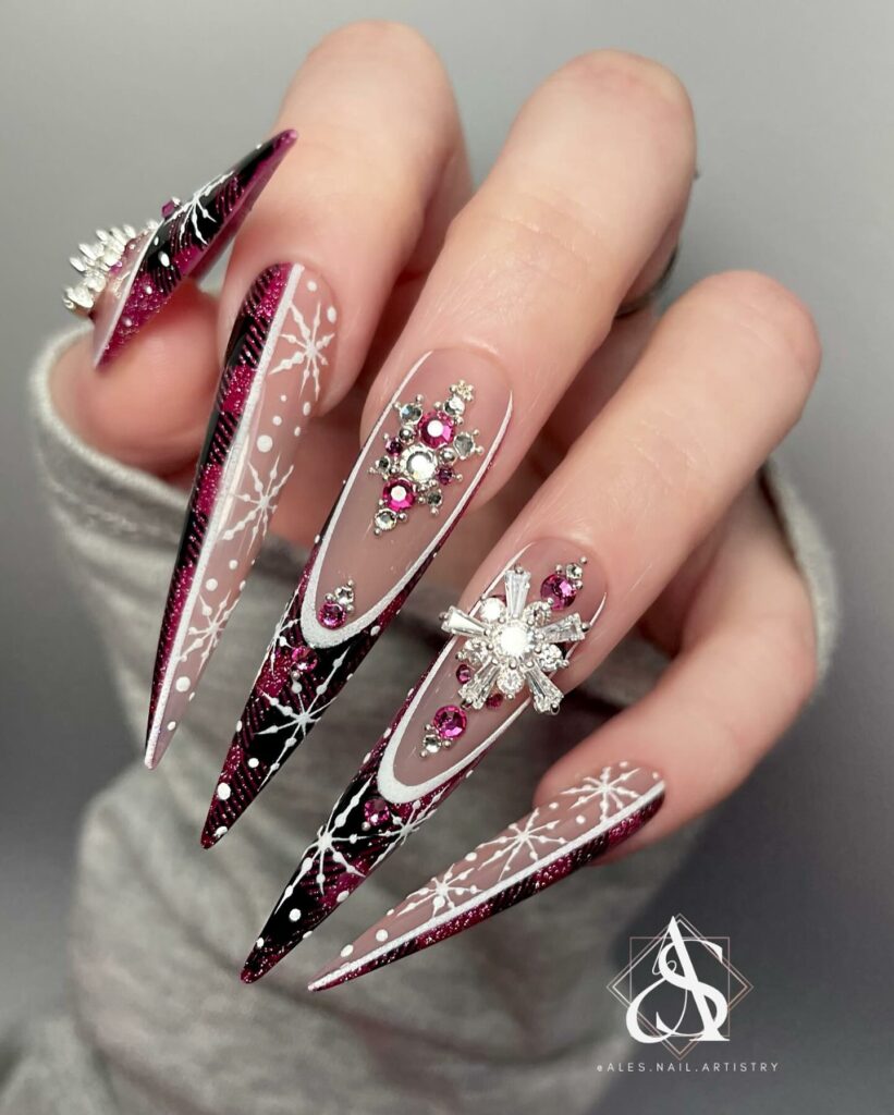 Get Festive with 20 Stiletto Christmas Nail Ideas in 2024 15 Jeweled Burgundy Stiletto Christmas Nails