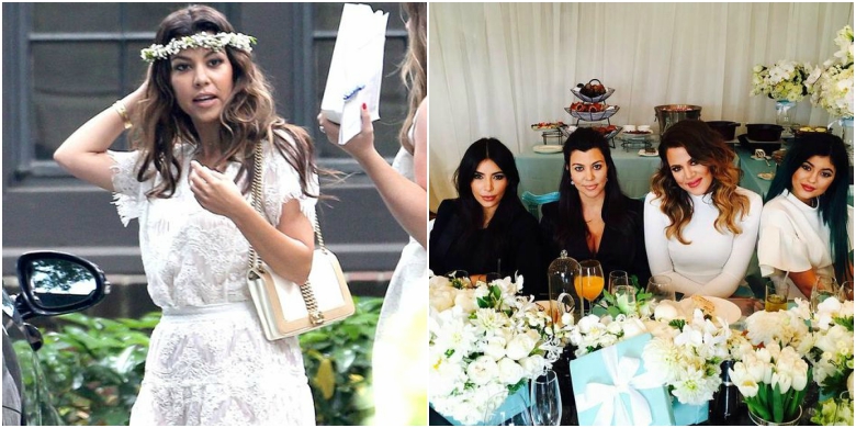 What to Wear to a Baby Shower 26 Kourtney Kardashian in white lace dress with flower crown; Kim Kardashian, Courtney Kardashian, Khloe Kardashian and Kylie Jenner in black and white outfits