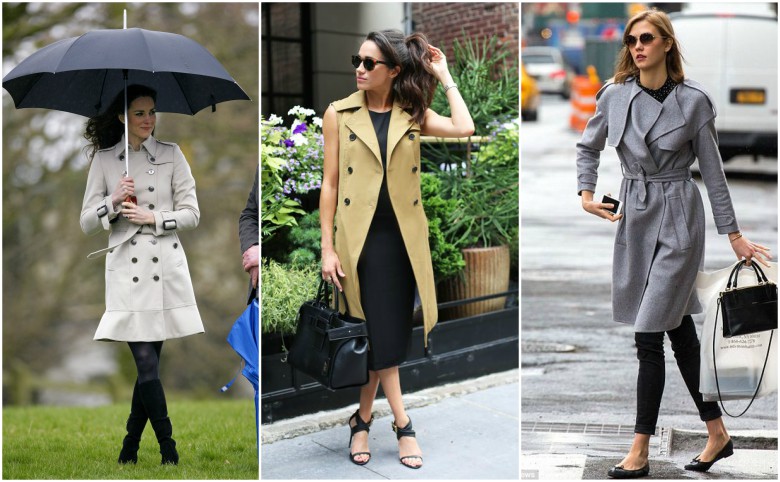 How to Wear a Trench Coat & What to Style It With 14 Kate Middleton, Meghan Markle and Karlie Kloss wearing trench coats during the day