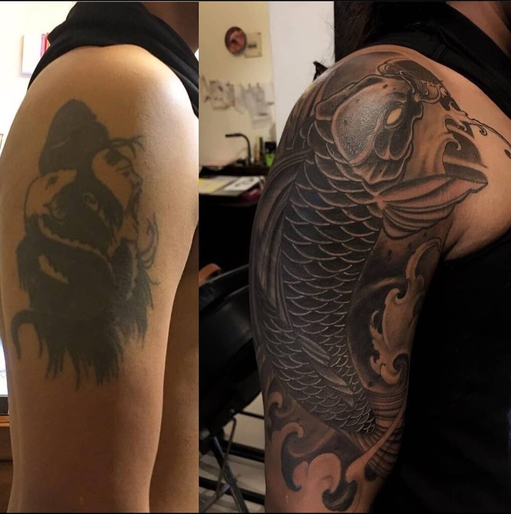 11+ Dark Tattoo Cover Ups That Will Blow Your Mind! 13 Koi Fish Cover-Up Tattoo