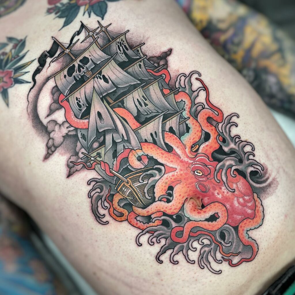 12+ Traditional Pirate Ship Tattoo Ideas To Inspire You! 19 Kraken Pirate Ship Traditional Tattoo
