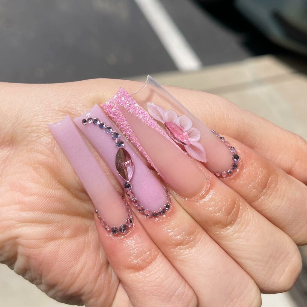 29 Latest Long Square Acrylic Nail Designs To Try In 2024! 27 Lavender with Gem and Floral Embellishments
