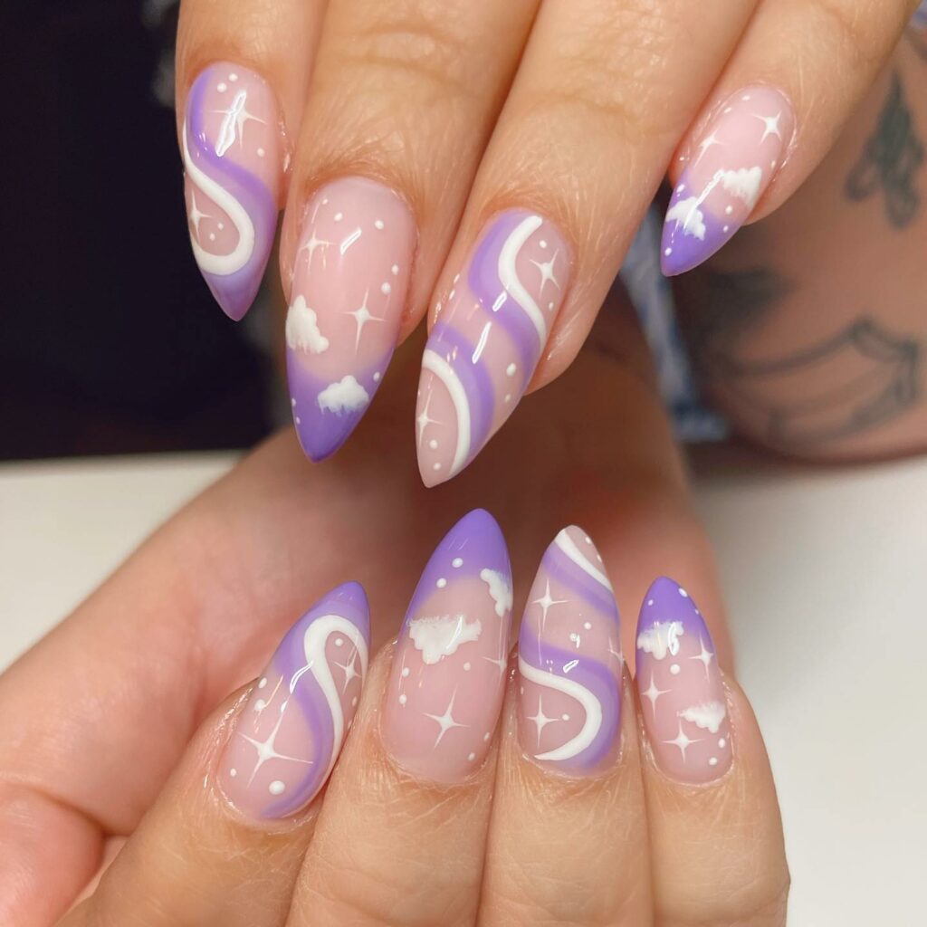 25 Latest Cloud Nails Designs To Try In 2024! 27 Lavender Swirl Cloud Nails
