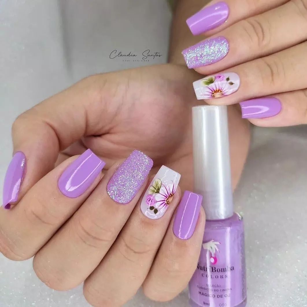 20 LATEST Floral NAIL DESIGNS TO TRY IN 2024! ✨ 19 Lavender Floral Elegance with Sparkly Accent