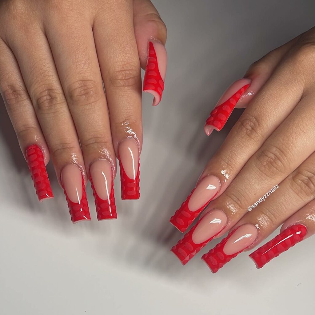 Explore 40 Red French Tip Nail Designs for 2024 39 Leafy red french nails