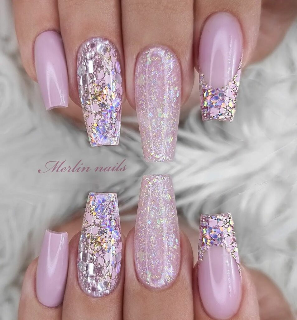 Trendy Short Coffin Nail Designs to Inspire You in 2024 ⚰️ 42 Light Pink Nails with Purple Sparkle