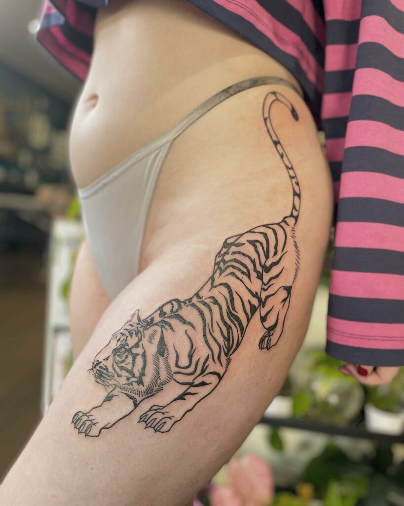 12+ Tiger Thigh Tattoo Ideas That Will Blow Your Mind! 12 Line Tiger Thigh Tattoo