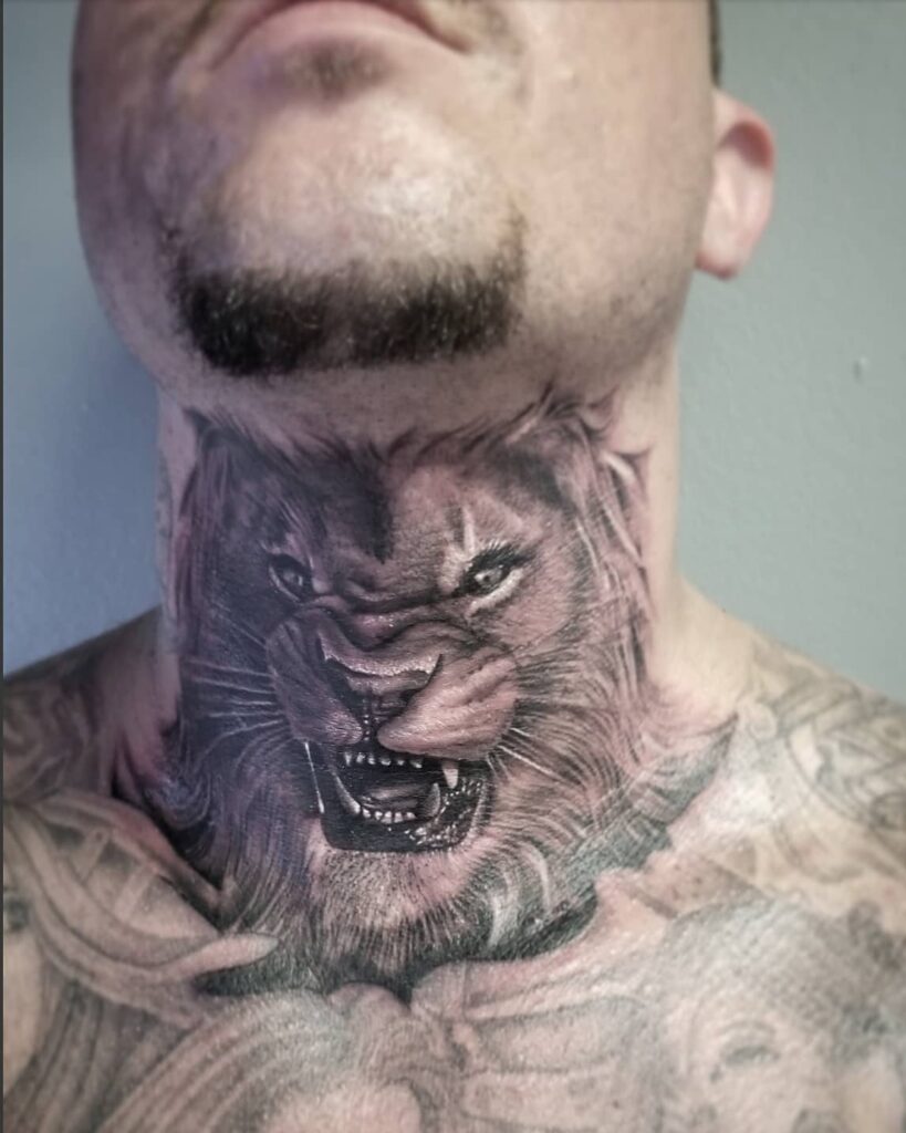 11+ Male Throat Tattoo Ideas That Will Blow Your Mind! 16 Lion Neck Tattoo Ideas