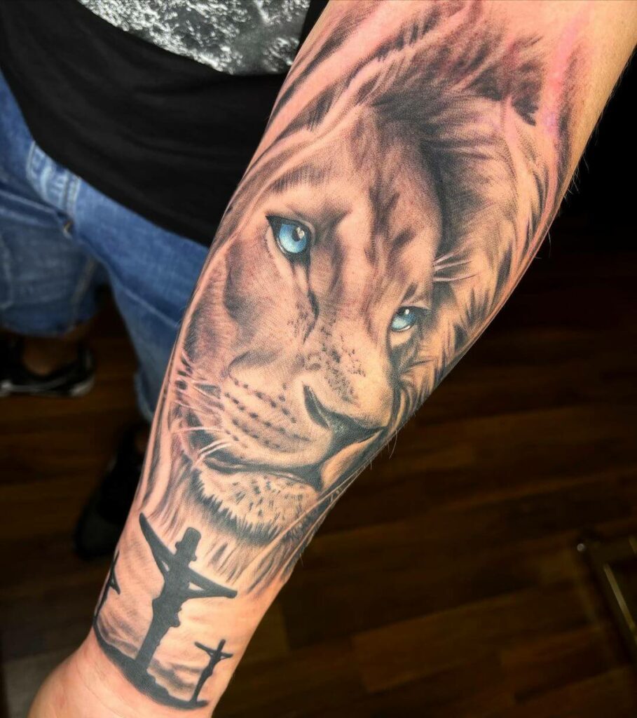 12+ Christian Half Sleeve Tattoo Ideas To Inspire You! 17 Lion with Three Cross Tattoos