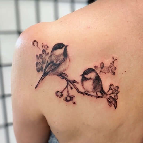 11+ Chickadee Tattoo Ideas That Will Blow your Mind! 15 Little Chickadees With Cherry Blossoms Tattoo