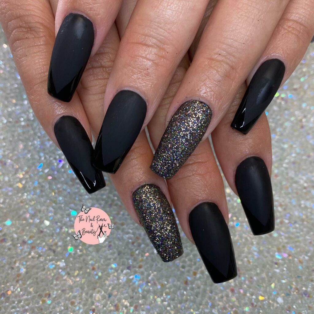 24 Latest Long Nail Designs To Try In 2024! 11 Long Black Nails with Glitter