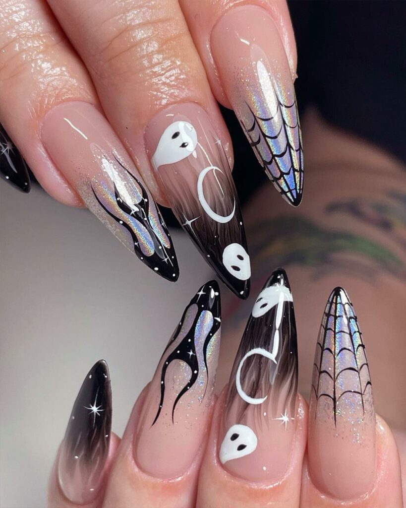Get Spooky with 33 Black Halloween Nails To Try in 2024 12 Long French Tips with Spiderwebs