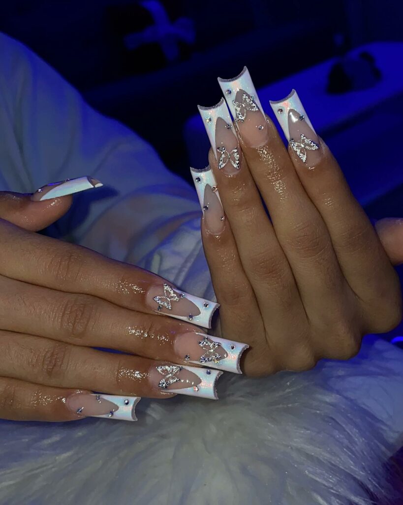 Experiment with 40 Fresh White Tip Nail Ideas for 2024 11 Long Nail Design with Rhinestones
