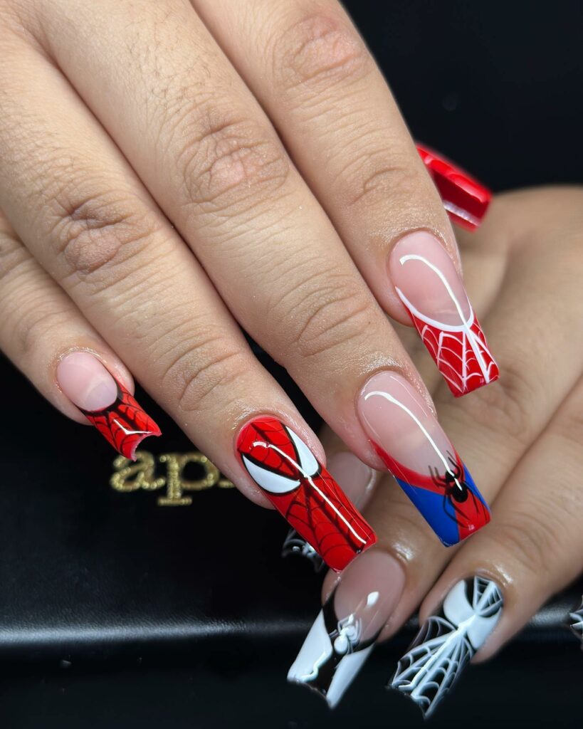 35 Amazing Spiderman Nail Designs To Try In 2024! 19 Long Square Nails with Extended Spiderman Scenes