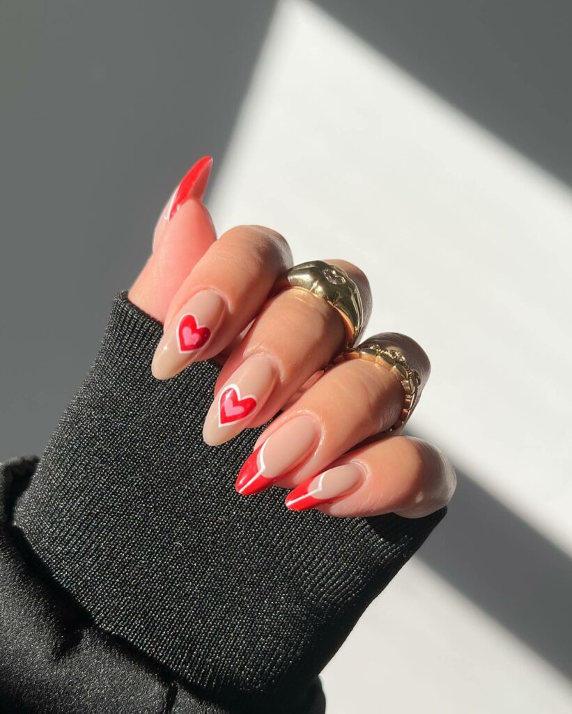 20 Latest Red Almond Nail Ideas To Try In 2024! 27 Red French Almond Nails With Heart