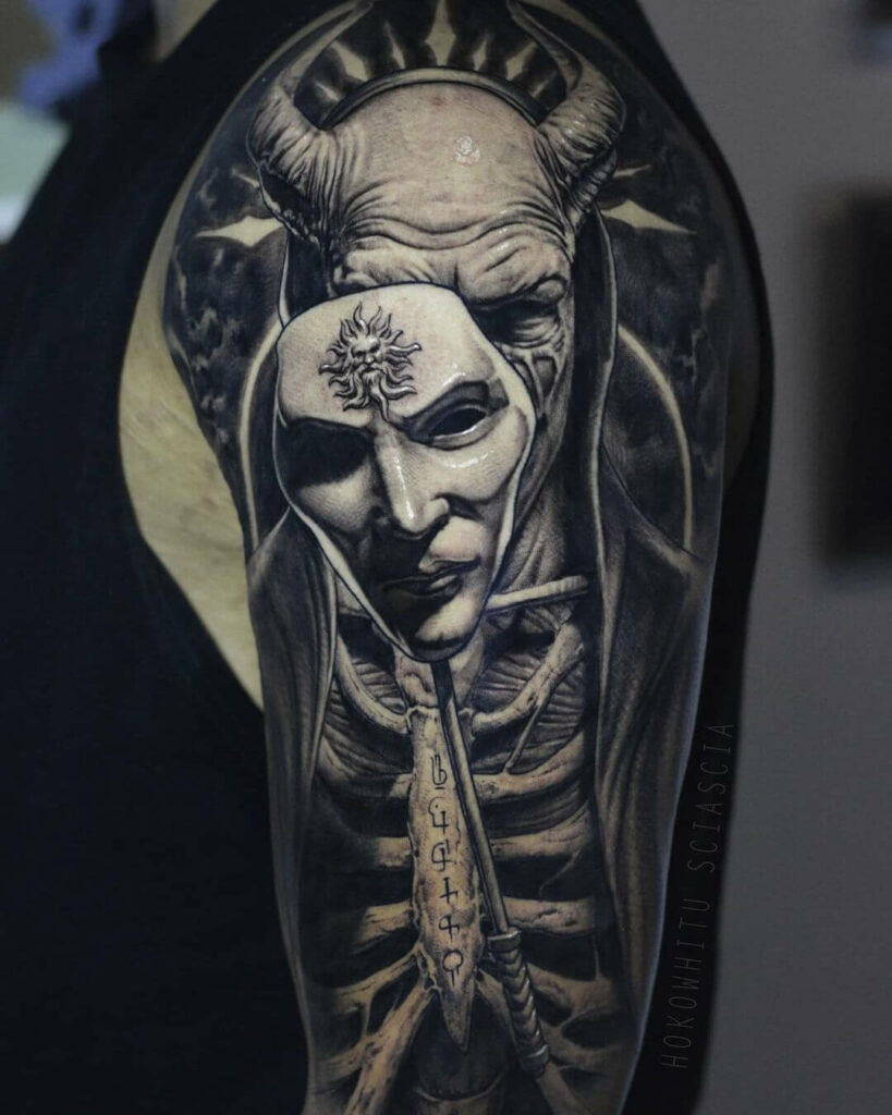 11+ Macabre Tattoo Ideas that Will Blow Your Mind! 12 Lucifer with a Mask Tattoo