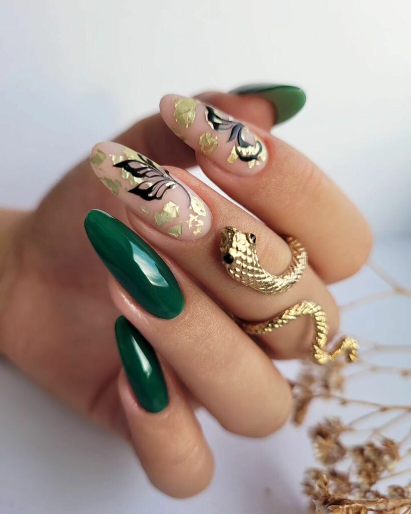 33 Latest Emerald Green and Gold Nail Ideas To Try In 2024! 11 Lush Greenery Meets Gilded Luxe on Nails