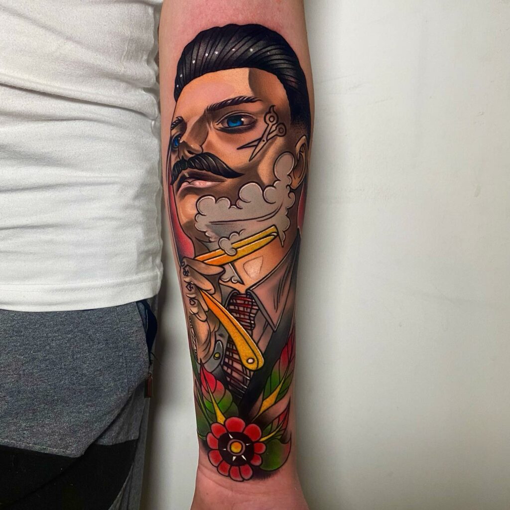 12+ Barber Tattoo Ideas To Inspire You! 12 Male Barber Colorful Tattoo
