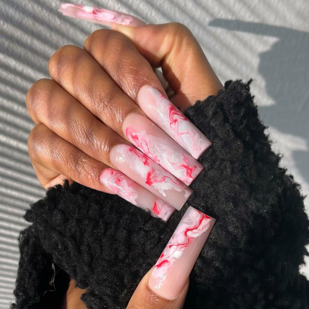 37 Latest Red And Pink Nail Design Ideas To Try In 2024! 34 Marble Acrylic Red and Pink Nails