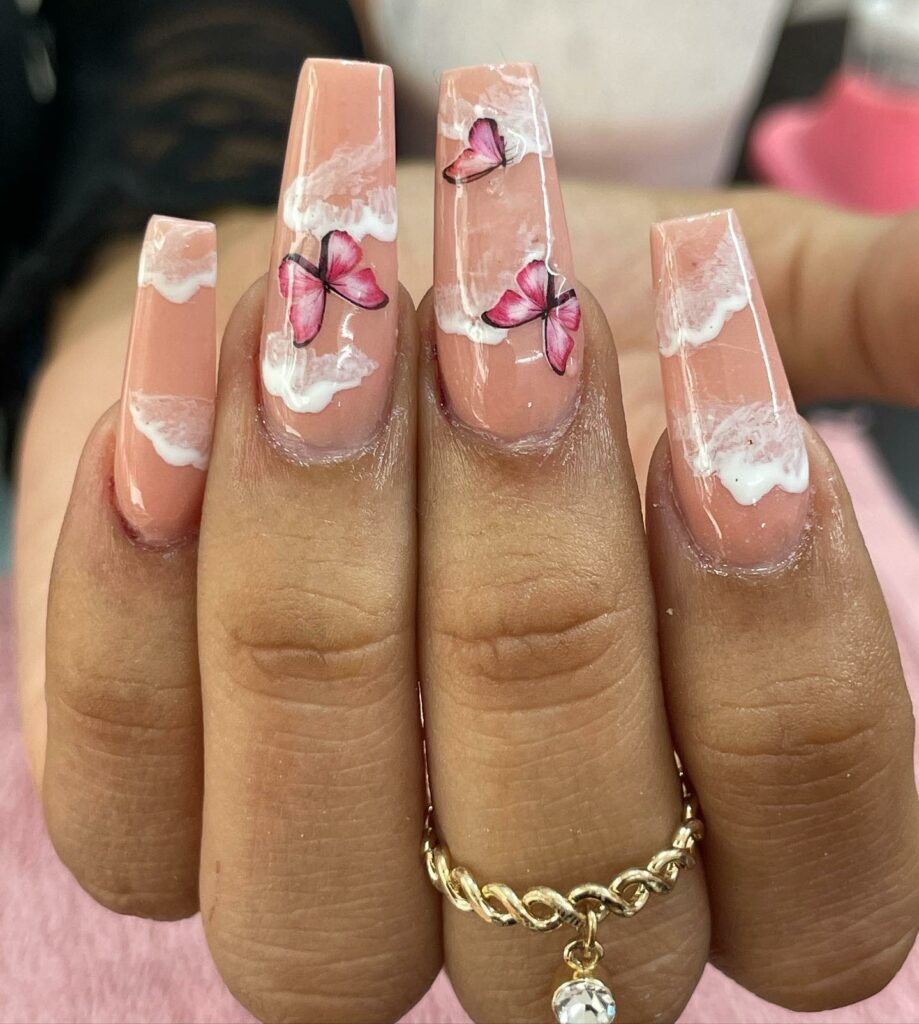50 Latest Butterfly Nail Designs To try In 2024! 18 Marble Coffin Butterfly Nails