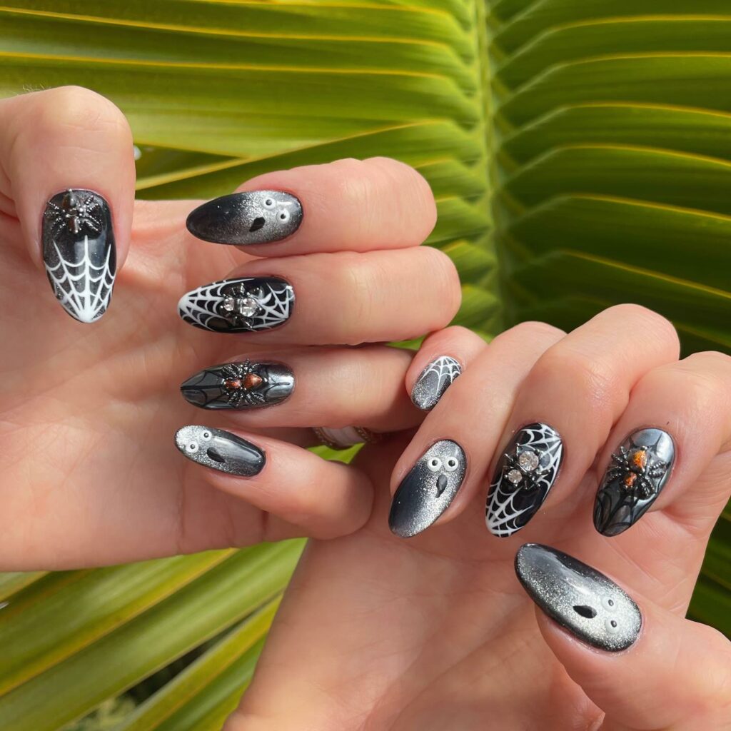 Get Spooky with 33 Black Halloween Nails To Try in 2024 39 Marble spider web nails