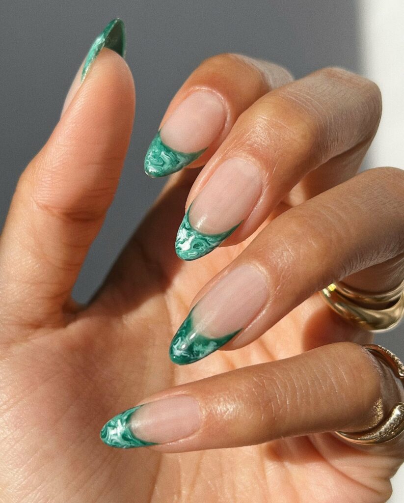Try 30 Green French Tip Nail Designs of 2024 36 Marbled Dark Green French Nails