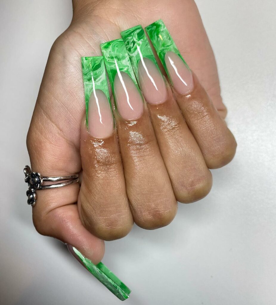 Try in 2024: 50 Latest Neon Green Nail Designs 42 Marbling neon green french nails