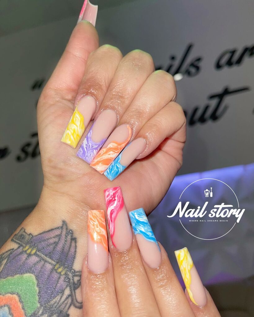 50 Latest Clear Nail Designs To Try In 2024! 43 Marbling with Rainbow Clear Nails