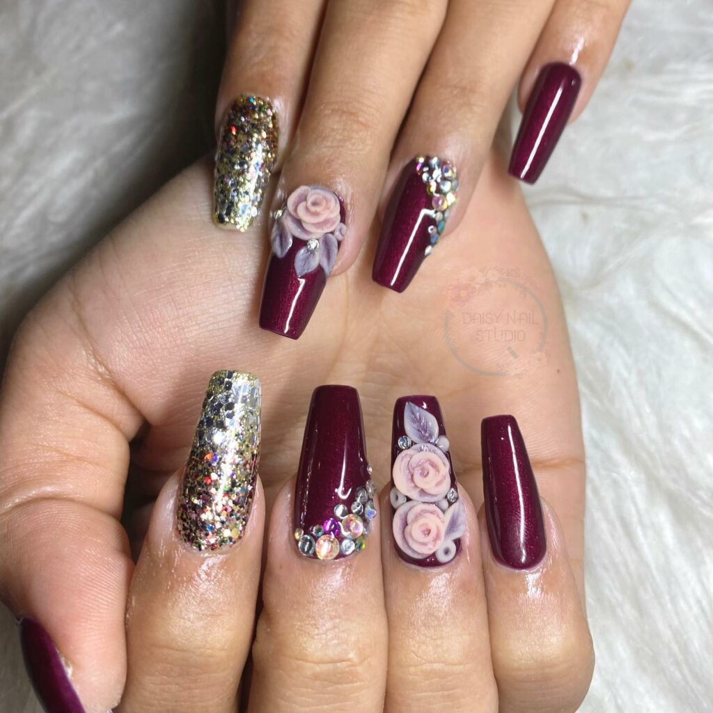 27 Latest Maroon Nail Designs To Try In 2024! 30 Maroon Coffin Nails Adorned with Rhinestones