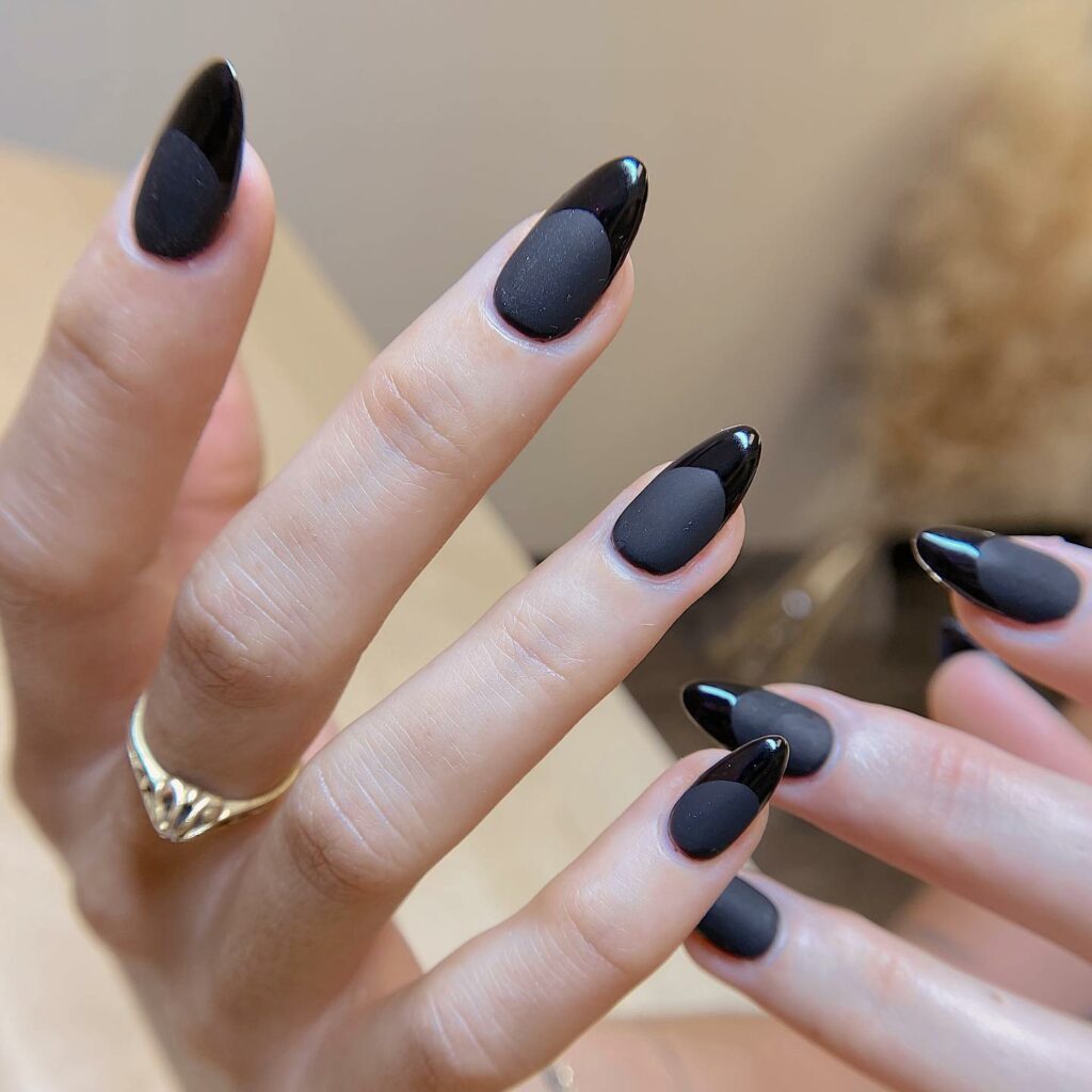 30 Latest Black Almond Nail Ideas To Try In 2024! 29 Matte French Black Almond Nails