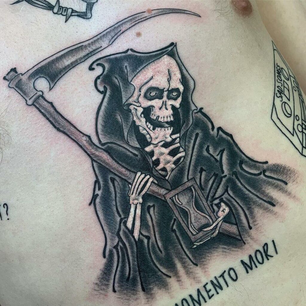 11+ Grim Reaper Chest Tattoo Ideas That Will Blow Your Mind! 16 Memento Mori - Traditional Grim Reaper Tattoo