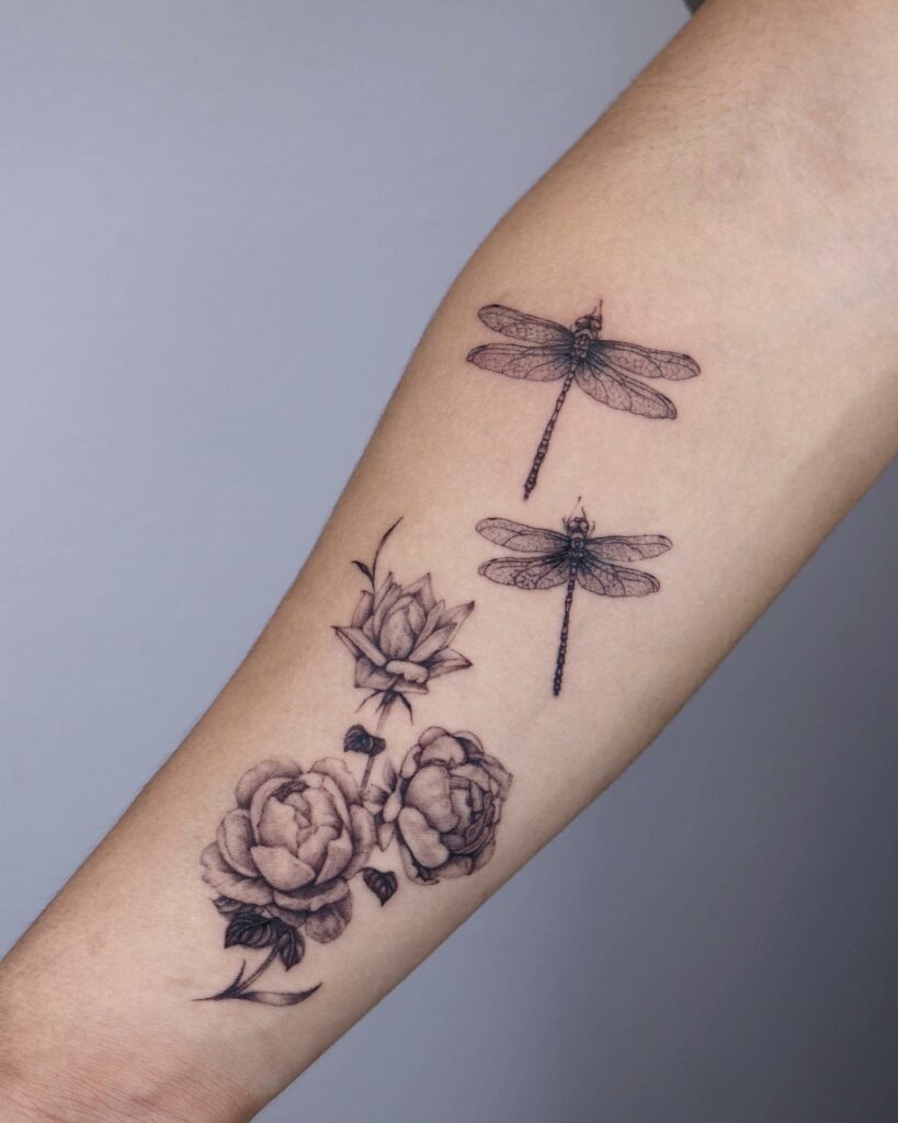11+ Black And White Rose Tattoo Ideas That Will Blow Your Mind! 14 Memorial Dragonflies And Rose Tattoo Black And White