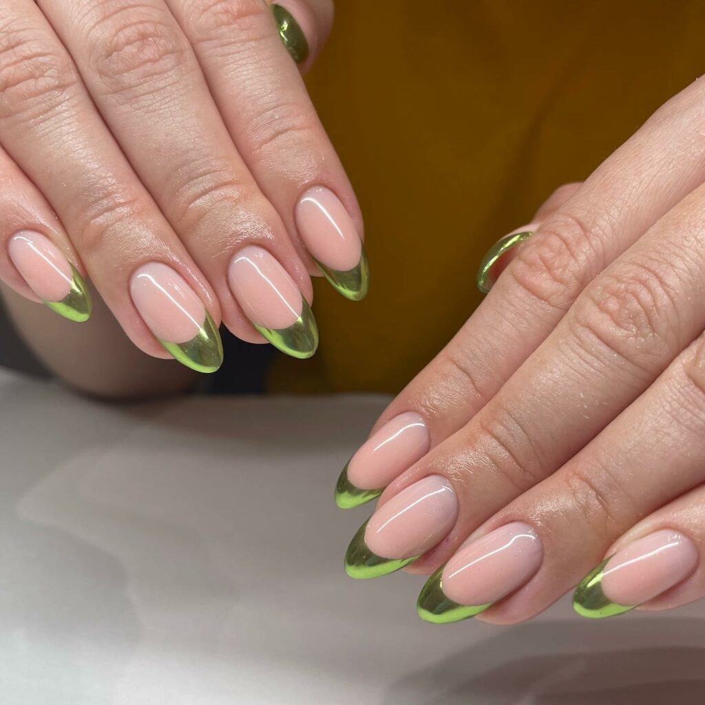 Embrace 45 Light Green Nail Designs to Try in 2024 39 Metallic Light Green French Nails