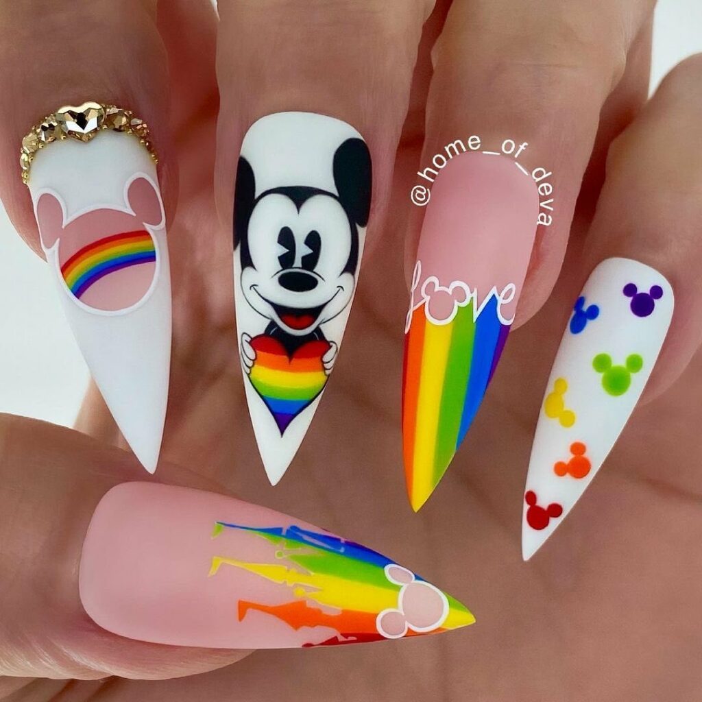 50 Latest Disney Nails Ideas To Try In 2024! 20 Mickey Mouse with a Rainbow Twist Disney Nails