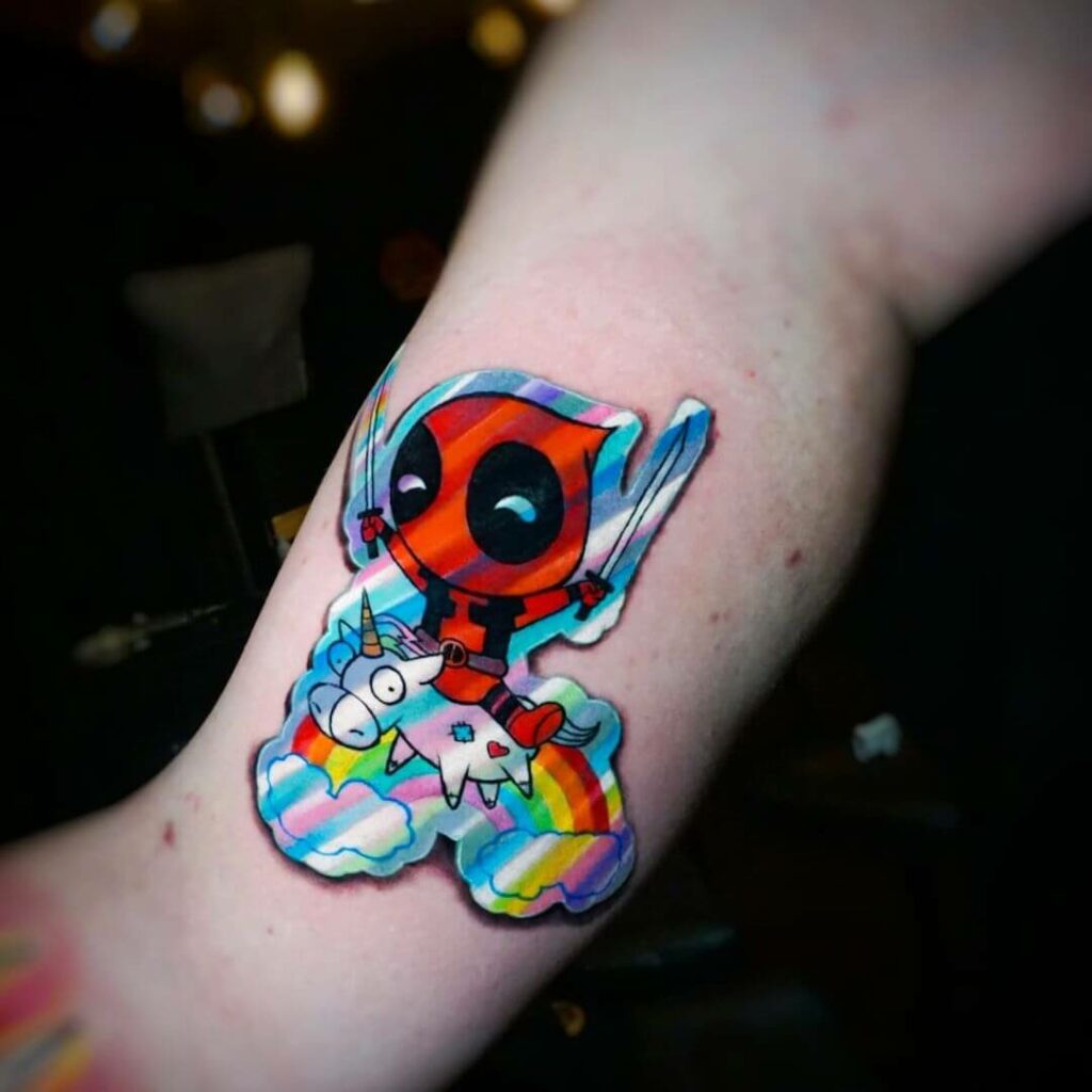 11+ Holographic Tattoo Ideas That Will Blow Your Mind! 19 Mini Deadpool Comic Holographic Tattoo