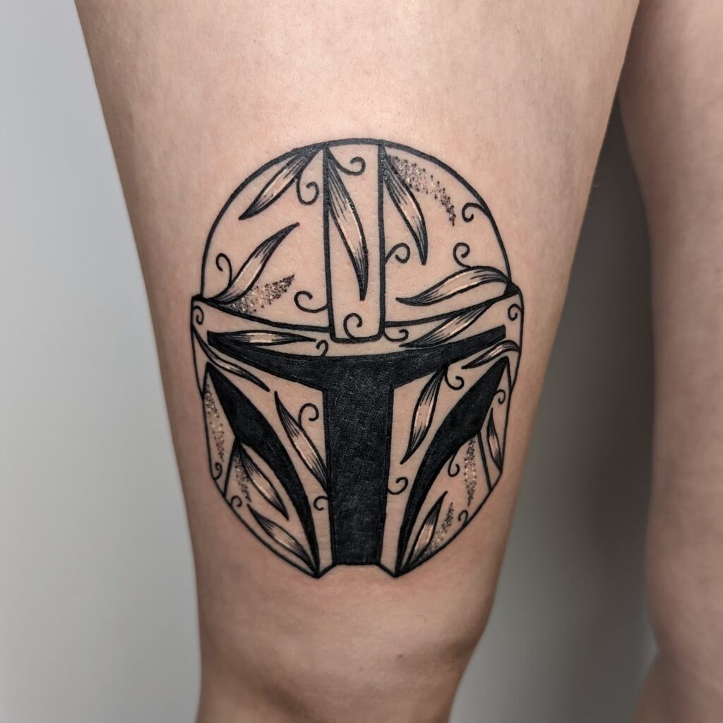 10+ Mandalorian Helmet Tattoo Ideas That Will Blow Your Mind! 18 Miniature Patterned Mandalorian Tattoo